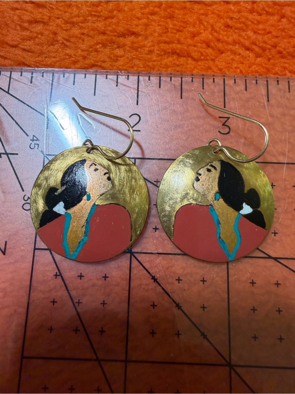 Hunter After R.C. Gorman Clear Creek NC Brass Portrait Earrings 14K GF Wires